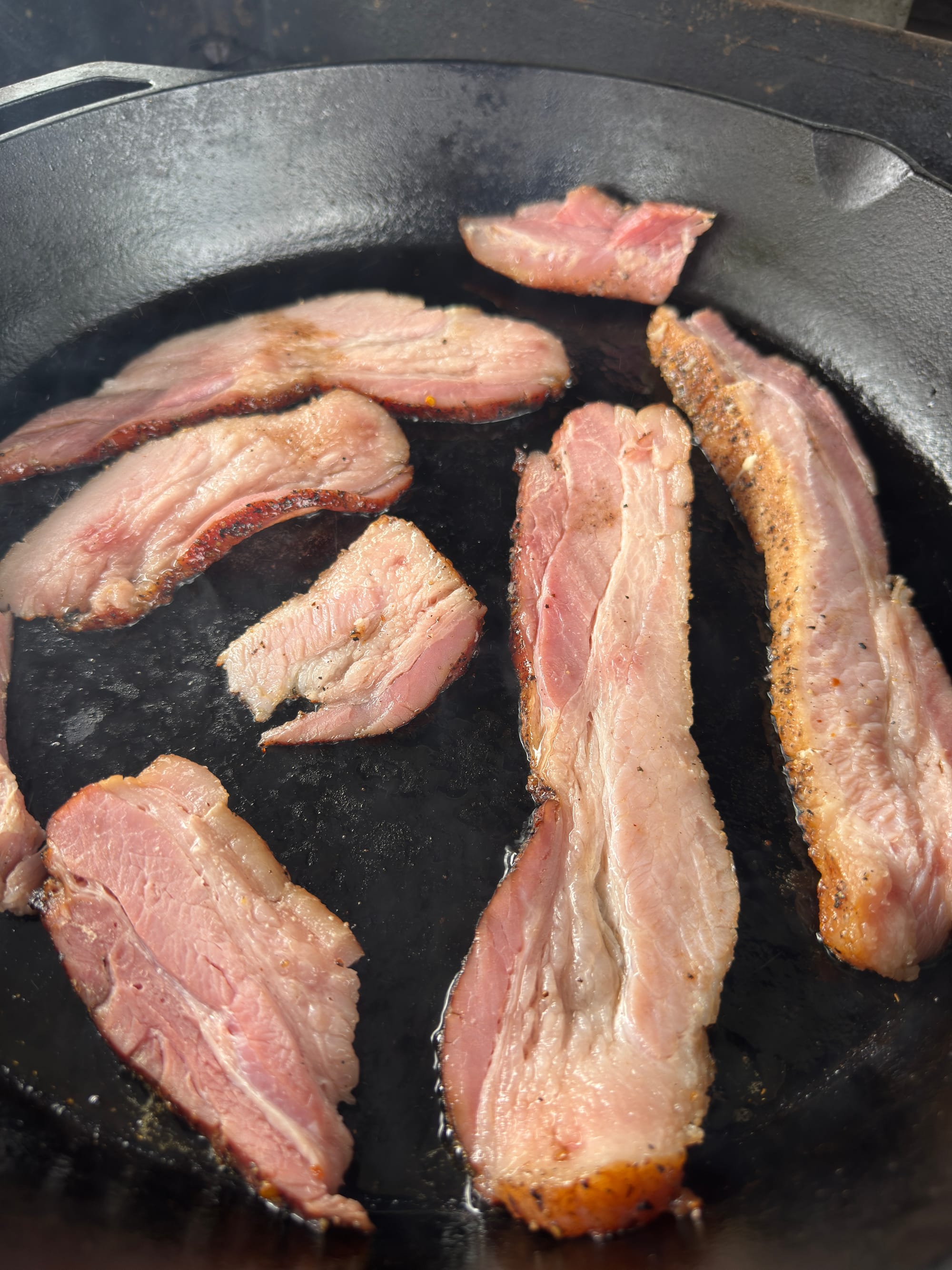 Slices of bacon frying in a cast iron skillet.