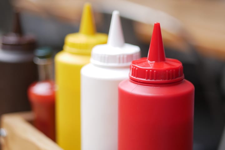 Colorful bottles of condiment sauce. One yellow, one white, one red.